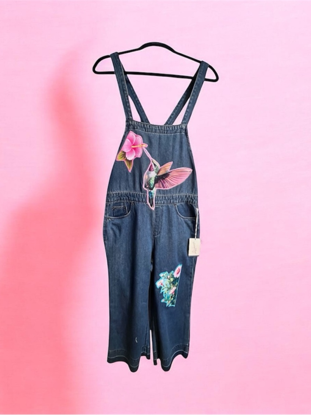 Refashioned Denim Overalls Hummingbird Floral Capri – Size S (4/6)
